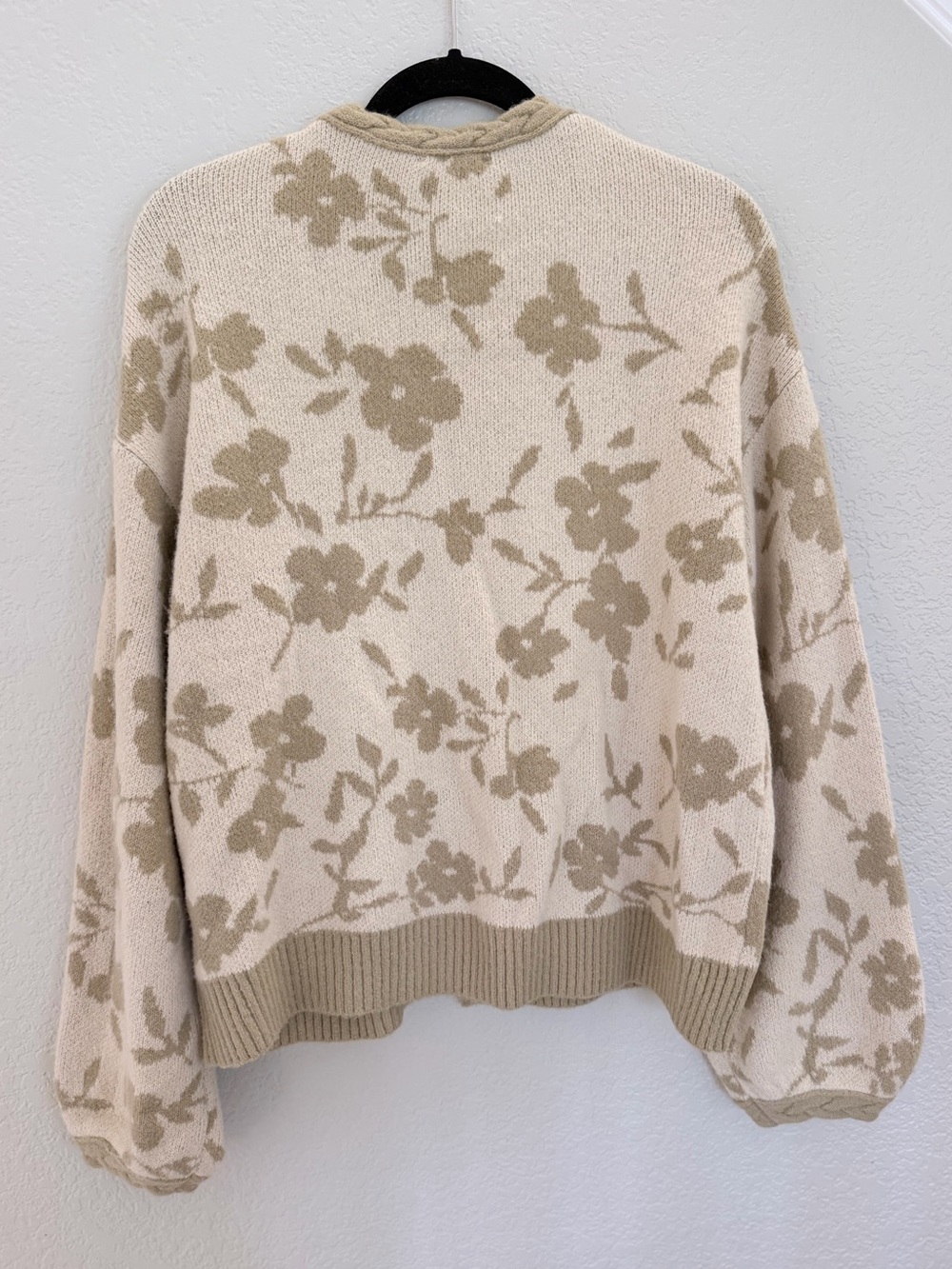 Polagram Floral Print Cardigan Cream Tan Cable Knit Collar Size L - Picture 5 of 6